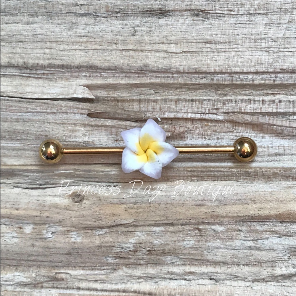 White Hawaiian Flower‎ Gold Industrial Barbell Earring